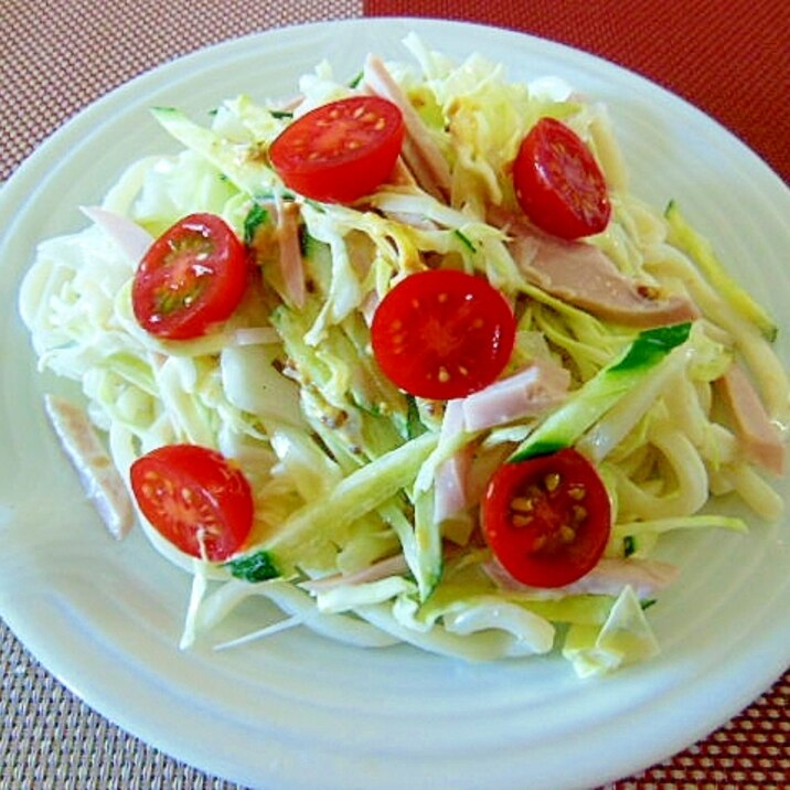 ハムとキャベツのコールスローサラダうどん♪